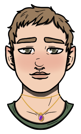 Arye, a butch half-elven woman with short light brown hair, light skin, hazel green eyes, and slightly pointed ears.